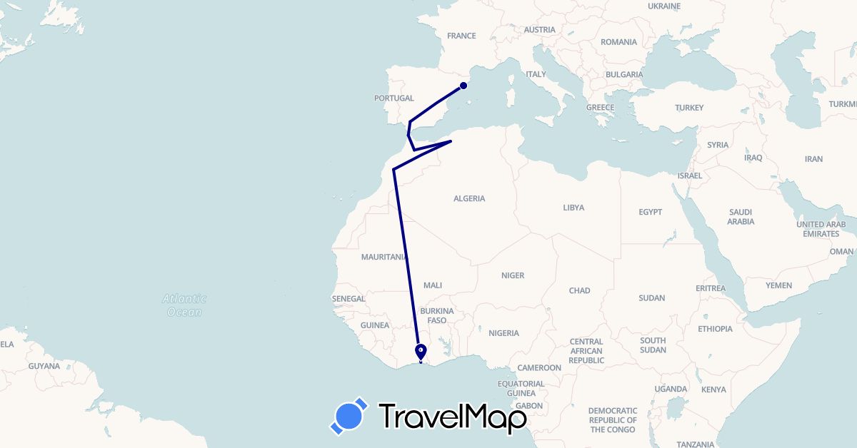 TravelMap itinerary: driving in Côte d'Ivoire, Spain, Morocco (Africa, Europe)